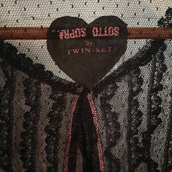 Twin-Set by Simona Barbieri Crop Blouse Cardigan Sheer Lace Black Heart Y2K Sz M - Picture 3 of 15